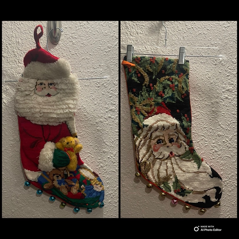 Vintage Needlepoint Santas with Bells.#323